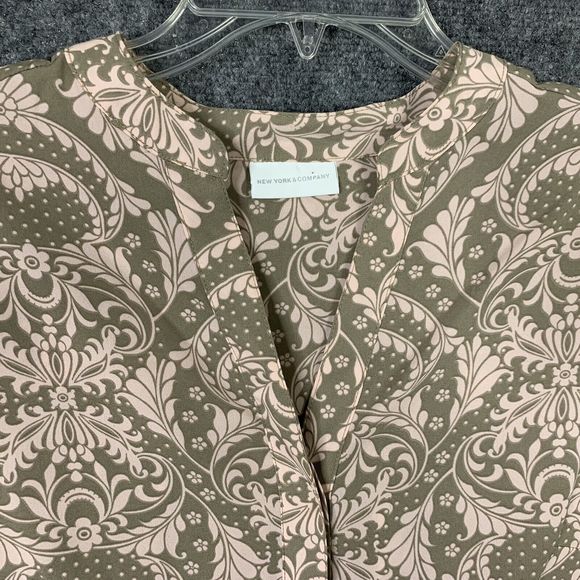 New York & Co Button Up M Top Olive & Pink Pattern Long Sl Pleated Back Career - Picture 5 of 9